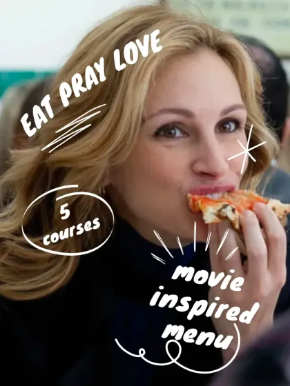 A fun, scrapbook-style graphic for our Eat Pray Love event. It highlights the key elements: a five-course, movie-inspired menu that lets you travel the world from the comfort of your seat.