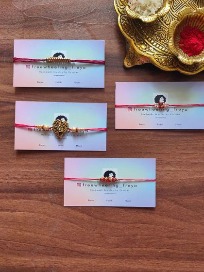 A flat lay of some of my premium handmade rakhis. These designs feature intricate centerpieces with Kundan and zardozi work.