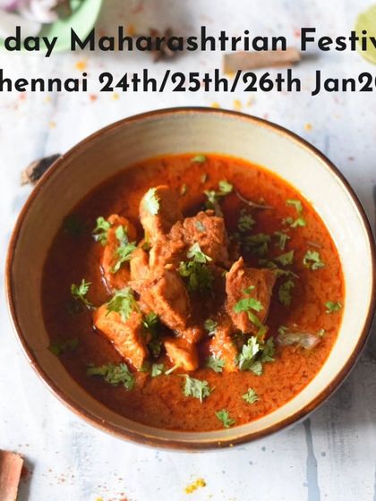 A bowl of my signature Maharashtrian curry, prepared for the food festival in Chennai. The vibrant red colour comes from freshly ground spices, promising a dish that is both aromatic and flavourful.