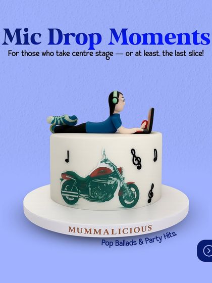For those who take center stage, or at least the last slice. This "Mic Drop Moments" cake celebrates a love for music, motorbikes, and relaxing with a laptop.