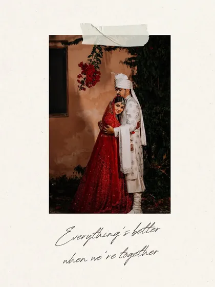 A sweet, scrapbook-style photo of the couple embracing. The text "Everything's better when we're together" adds a personal, heartfelt touch.