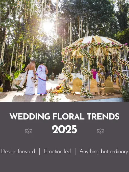 This image, featuring a sunlit wedding mandap, is the cover for our 2025 wedding floral trends report. It captures the essence of design-forward, emotion-led work that is anything but ordinary.
