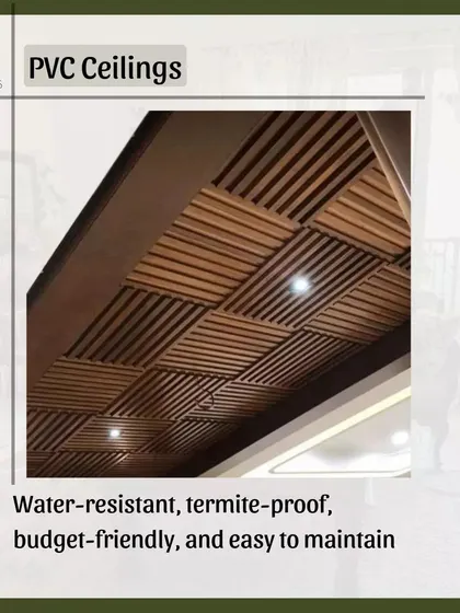 PVC ceilings are a budget-friendly and highly practical option, especially for bathrooms and kitchens. They are water-resistant, termite-proof, and very easy to maintain.