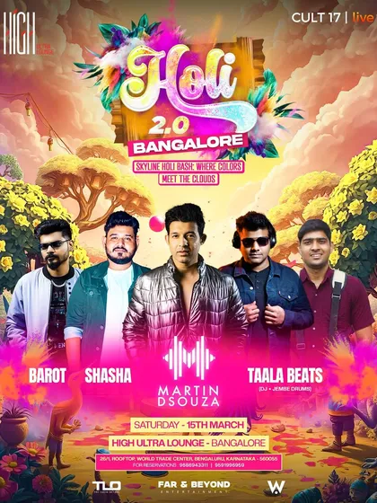The full lineup poster for Holi 2.0, featuring Martin Dsouza, Shasha, and more. We bring together a diverse mix of popular local DJs to keep the energy high all day.