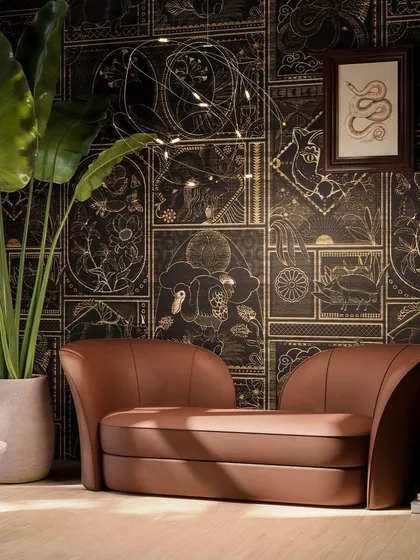 The Flock of Light against a dark, patterned wallpaper. The warm points of light create a beautiful contrast, appearing like a constellation in a night sky.