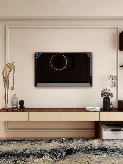 A 3D render of a master bedroom for our upcoming project at L&T Emerald Isle. The design includes a long, floating console that serves as both a TV unit and a study desk.