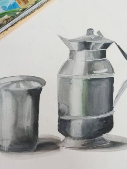 Another student's take on the steel object study. You can see the careful attention paid to the subtle reflections and the shadow cast by the objects, creating a sense of depth.