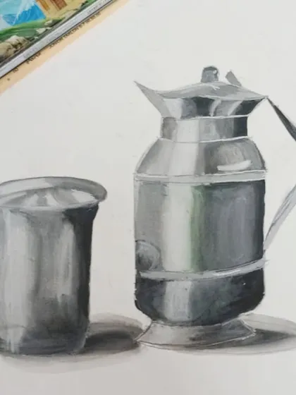 Another student's take on the steel jug and glass still life, demonstrating their understanding of light, shadow, and form.