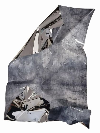 "Meteor XVI" combines a textured, concrete-like finish with areas of pure, polished stainless steel, exploring the contrast between raw and refined surfaces.