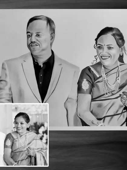 This black and white couple portrait, created on A3 paper, was made from a cherished wedding photo. My goal was to capture the happy memory with the timeless feel of a graphite and charcoal sketch, perfect for celebrating a lasting bond.