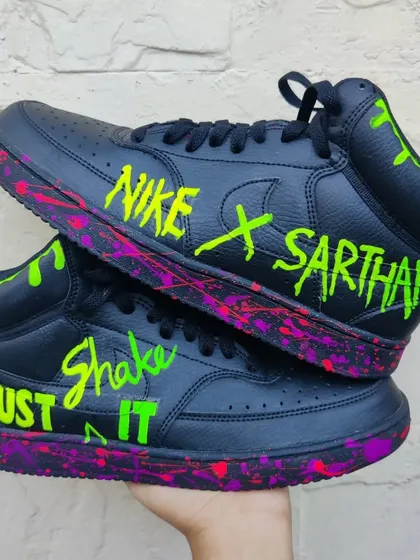 I also added some custom graffiti-style text for a personalized touch on the neon splatter pair.