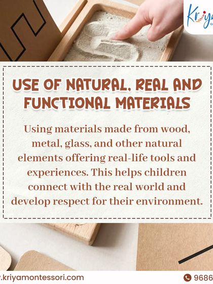 We prioritize natural and functional materials like wood, metal, and sand. Tracing letters in a sand tray connects learning to a real, tactile experience, fostering respect for the environment.