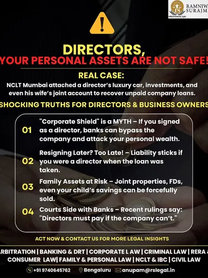 For company directors, the "corporate shield" is a myth. An NCLT Mumbai case shows how personal assets, including luxury cars and family joint accounts, were attached for company loans. We expose these risks and help you protect your personal wealth.