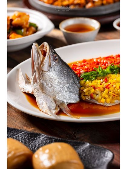 A close-up of a steamed fish head, a delicacy, presented to highlight its freshness for the Shang Palace menu.