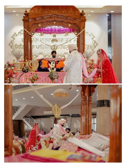 A collage showing the scale and sanctity of the Anand Karaj ceremony. We capture both wide shots of the Gurudwara setting and close-ups of the couple performing the sacred rituals.