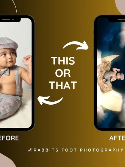 This before and after image shows my process clearly. I took a simple photo of a baby and placed him in a fantasy scene, sleeping on a crescent moon among the clouds, creating a dreamy digital portrait.