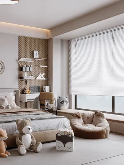 A kids' bedroom with a neutral palette and playful animal-themed decor. The render focuses on creating a calm and gentle space suitable for a young child.