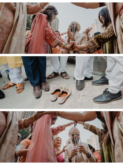 The fun-filled 'joota chupai' ritual at a Punjabi wedding. We love capturing these lighthearted moments of friendly banter between the two families.