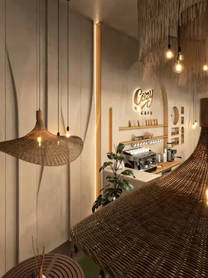 A high-angle view showing the unique woven pendant lights and the clean, minimalist counter of the "Cozy Cafe." The design focuses on organic shapes and a soothing, earthy color palette.
