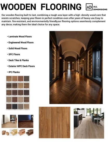 I offer a wide variety of wooden flooring options, including laminate, engineered, and solid wood floors, as well as SPC floors and exterior WPC deck planks. This brochure shows the range of colors and finishes available.