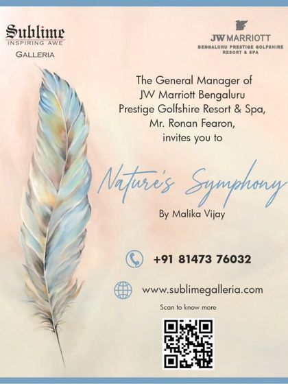 An invitation for 'Nature's Symphony' at JW Marriott, featuring a beautiful feather painting by Malika Vijay.