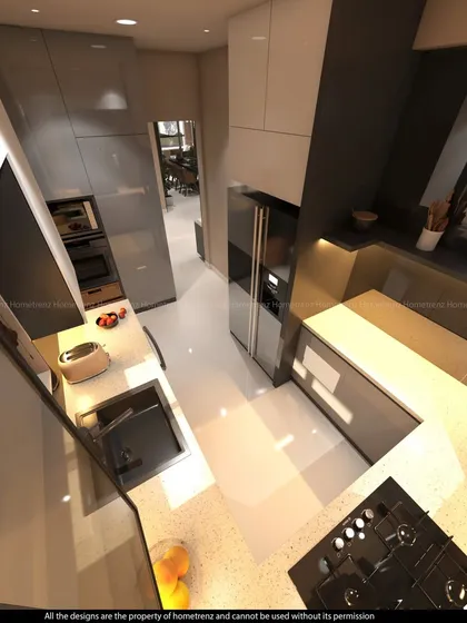 An overhead view of the U-shaped kitchen, showing the efficient layout that creates a perfect work triangle for cooking.