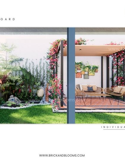 This concept shows the full view of the proposed backyard, with the pergola seating area on one side and a tranquil Buddha water feature on the other, all tied together with a green lawn.