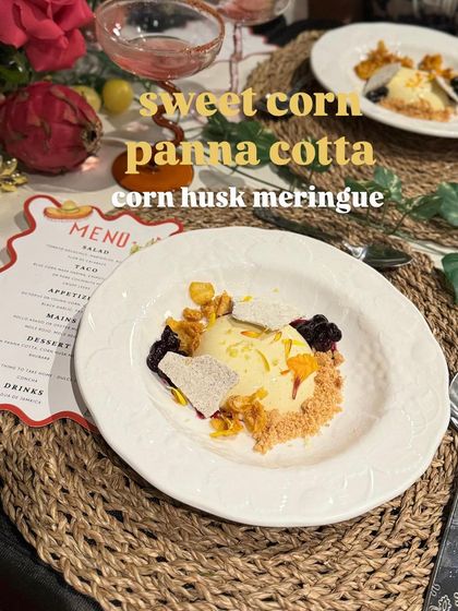 A sweet corn panna cotta with a corn husk meringue. This dessert plays on a single ingredient, showcasing its versatility in both sweet and savory contexts.