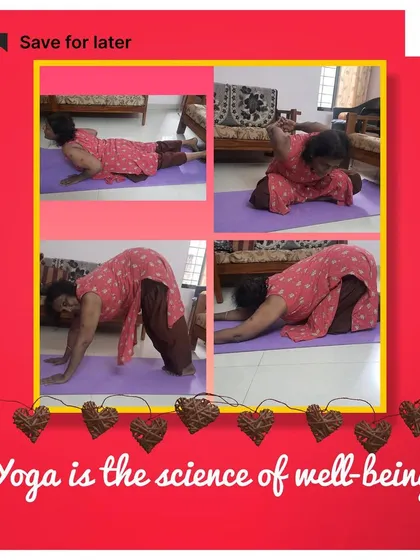 A collage of a student moving through a gentle flow, embodying the idea that yoga is the science of well-being.