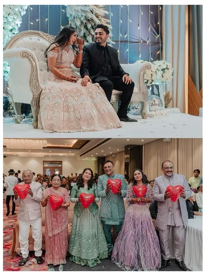 A collage showing the couple enjoying the performances and their family posing with heart-shaped balloons, spreading the love.