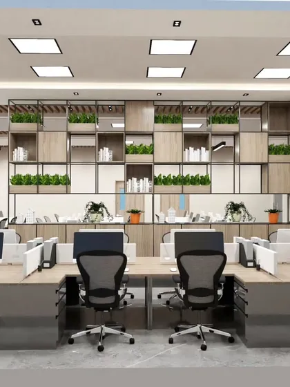 Another view of the Bengaluru office concept, highlighting the use of motivational quotes as a design element. The combination of natural wood tones, greenery, and inspiring text creates a positive and focused work environment.