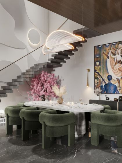 A series of visualizations for a modern dining area set against a sculptural staircase. We've captured the scene from various perspectives to showcase the artistic wall, the unique lighting, and the elegant furniture.