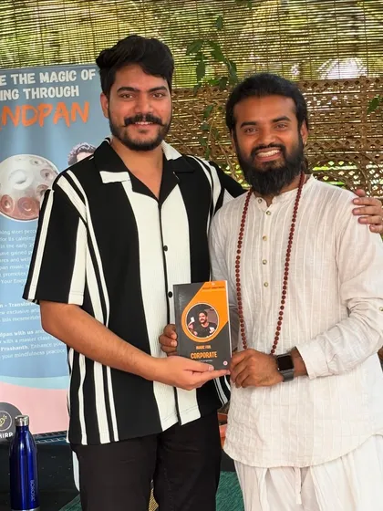 With Prashant Ji, showing him my book "Magic for Corporate." It was a wonderful exchange, blending my world of paranormal illusion with his world of sound healing to find common ground in the power of the mind.