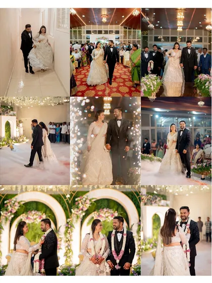 A collage showcasing the grand reception of Shreya and Rakshit, from their entrance through the smoke to their vows on stage.