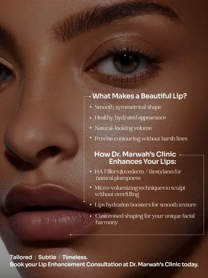 This image details my philosophy on lip enhancement. A beautiful lip has a smooth, symmetrical shape and natural-looking volume. I use HA fillers like Juvederm and Restylane with micro-volumizing techniques to achieve a hydrated, balanced, and timeless result.