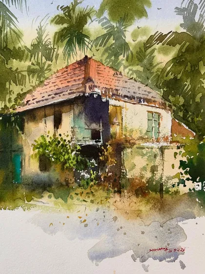 This watercolor painting captures an old house nestled in a grove of palm trees. I used a variety of green and earth tones to create a rich, textured landscape.