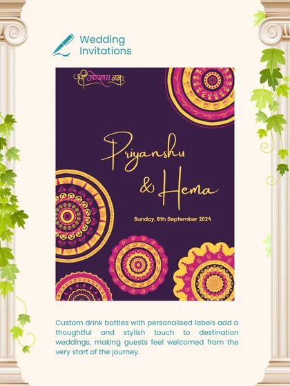 This wedding invitation for Priyanshu and Hema features intricate mandala designs against a rich purple background. Each circle tells a part of their story, creating a design that is both traditional and deeply personal.
