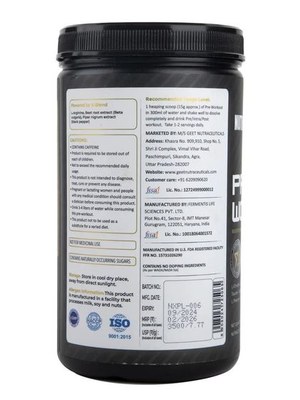 The back label of a pre-workout supplement, showing ingredients and usage instructions.