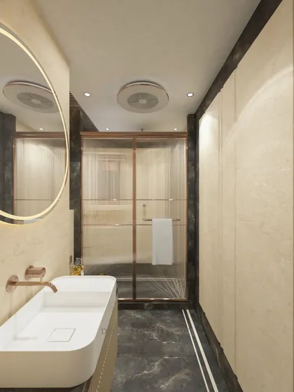 This render highlights the ribbed glass shower partition and the wall-mounted rose-gold faucet.