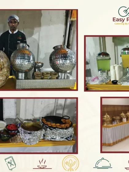 This collage shows our diverse offerings, from a live pani puri station and beverage dispensers to a full chaat counter and a classic buffet line.