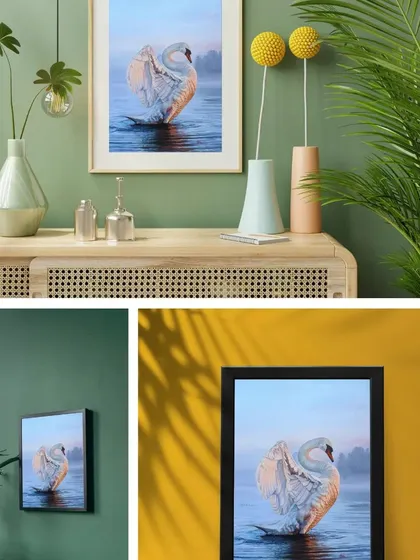 A set of interior mockups featuring 'The Swan' painting. These images demonstrate how the artwork complements different wall colors and decor styles, from modern to classic.