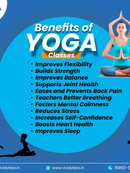 This graphic details the many benefits of joining a yoga class, including improved joint health, better breathing, reduced stress, and increased self-confidence.