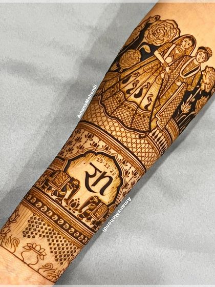 A personalized bridal design telling a story of love and commitment. It features a couple portrait, custom initials, elephants, and symbols of the sacred phera ceremony.