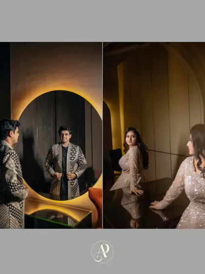 A diptych of Abhinav and Paromita getting ready, using mirrors to create reflective and introspective portraits before their ring ceremony.
