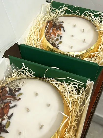 Getting our large urli candles ready for a bulk corporate gifting order. Each one is carefully packed in a premium box with protective shredding.