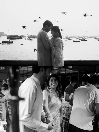 A black and white collage combining a romantic portrait by the Gateway of India with a candid, laughing moment in the market. It tells the story of a day spent exploring the city together.