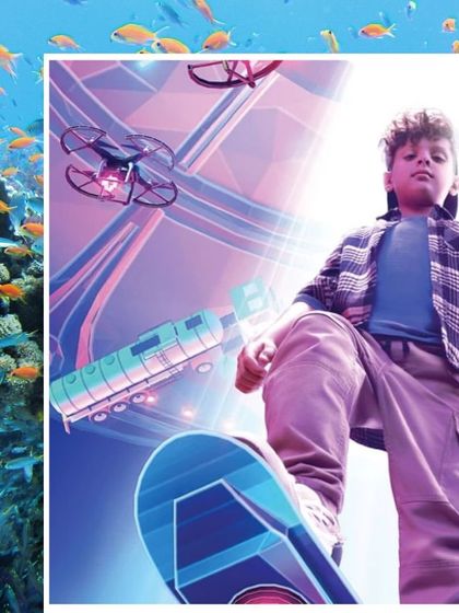 A futuristic campaign for Titan Zoop watches. The styling is simple, with a plaid shirt and casual pants, making the young model a relatable hero in a fantastical world and drawing attention to the watch he's wearing.