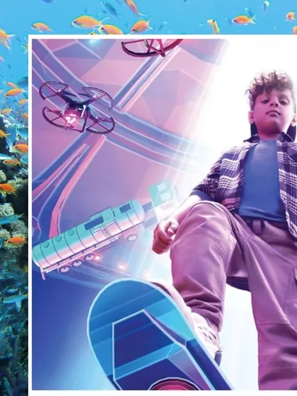A futuristic campaign for Titan Zoop watches. The styling is simple, with a plaid shirt and casual pants, making the young model a relatable hero in a fantastical world and drawing attention to the watch he's wearing.