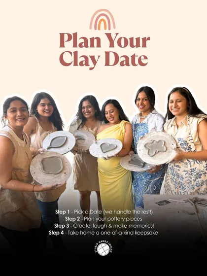 A step-by-step guide on how to "Plan Your Clay Date" for a baby shower, showing a happy group of women with their handmade pottery pieces.