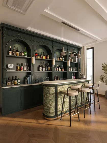 The bar counter is finished with a beautiful patterned fabric, adding a layer of texture and softness to the bold, dark structure.